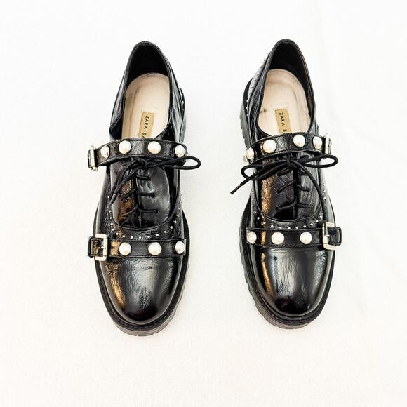 Zara Patent Leather Studded Pearl Loafer Size 38 - Picture 1 of 6
